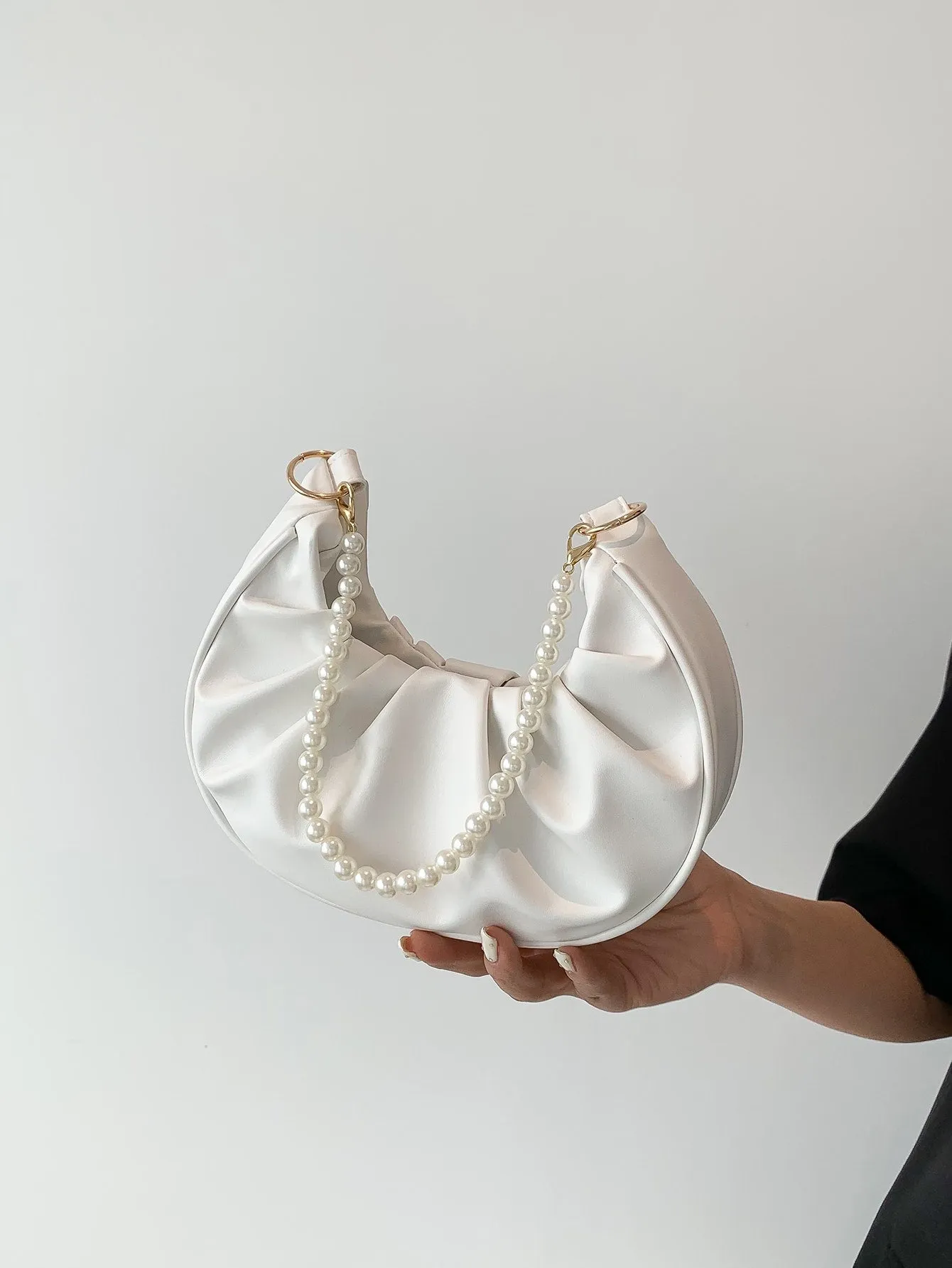 Rhinestone Pearl Chain Decor Small Ruched Bag - White