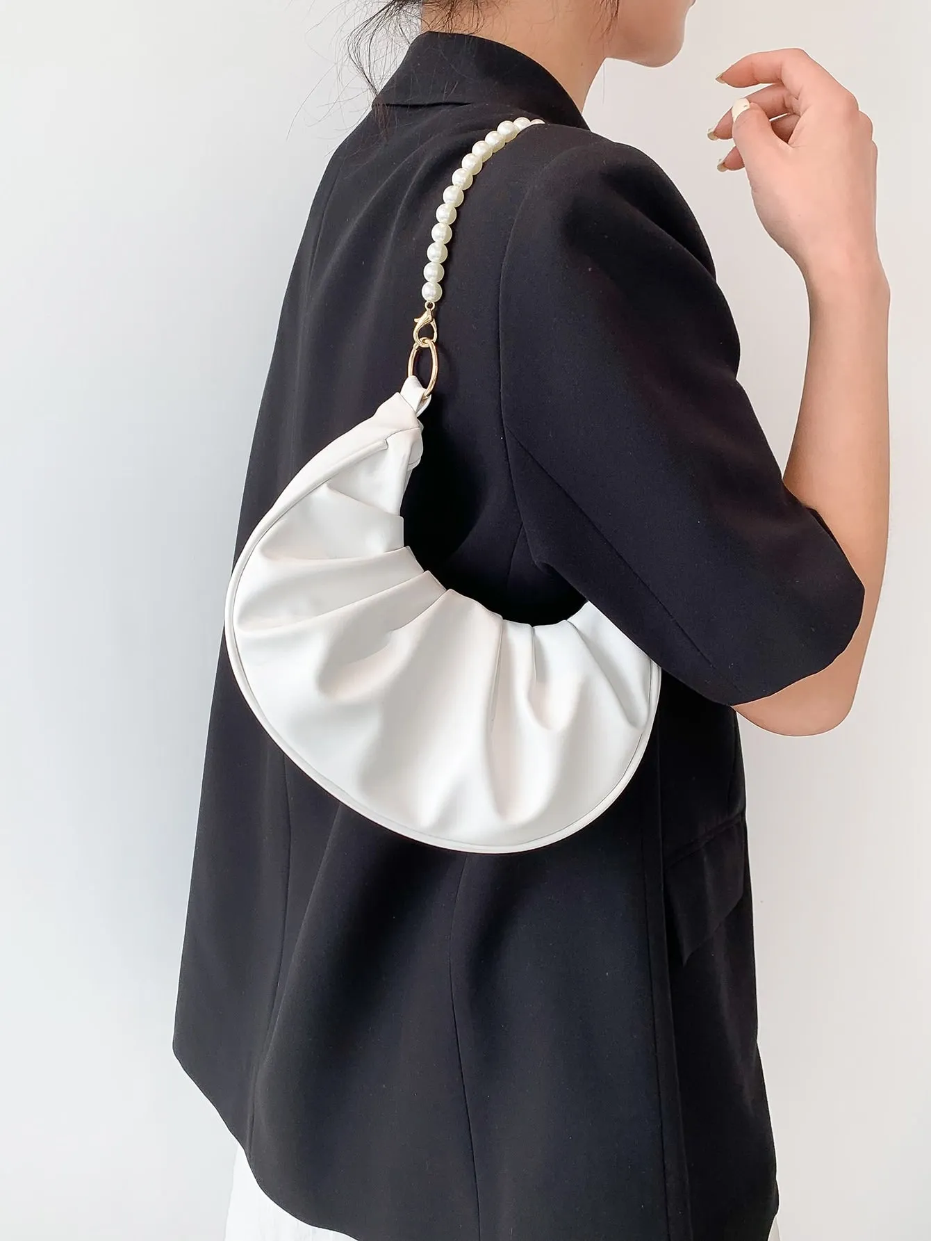 Rhinestone Pearl Chain Decor Small Ruched Bag - White