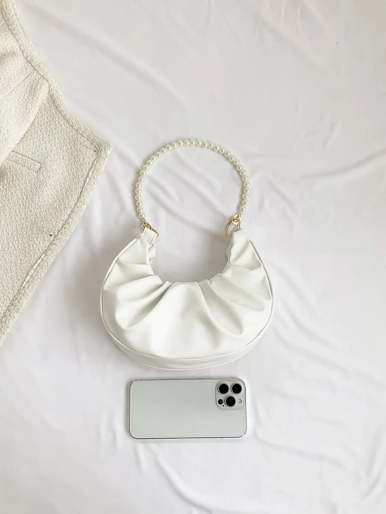 Rhinestone Pearl Chain Decor Small Ruched Bag - White