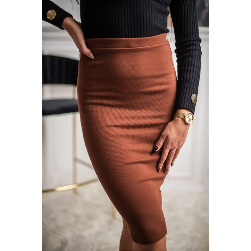 Ribbed Knit High Waist Pencil Skirt - Slim Fit, Polyester/Fiber Blend