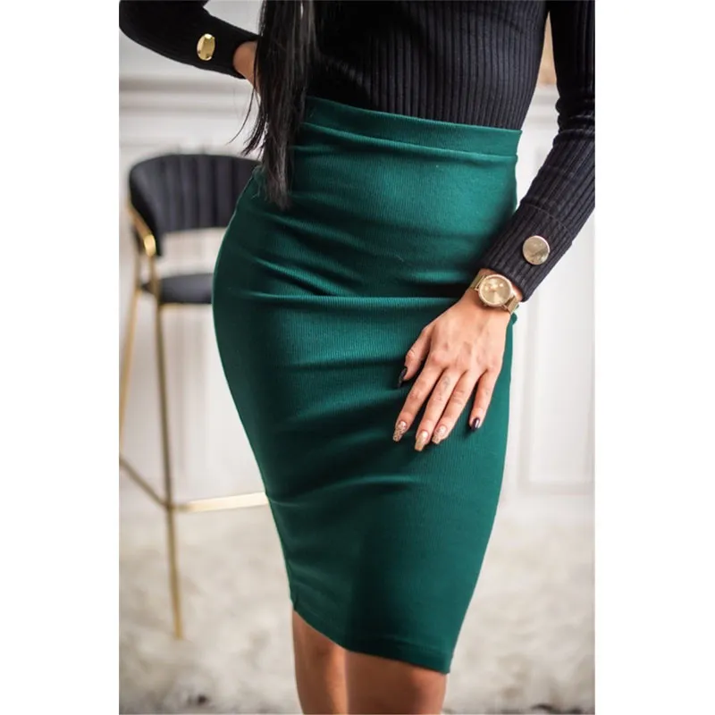 Ribbed Knit High Waist Pencil Skirt - Slim Fit, Polyester/Fiber Blend