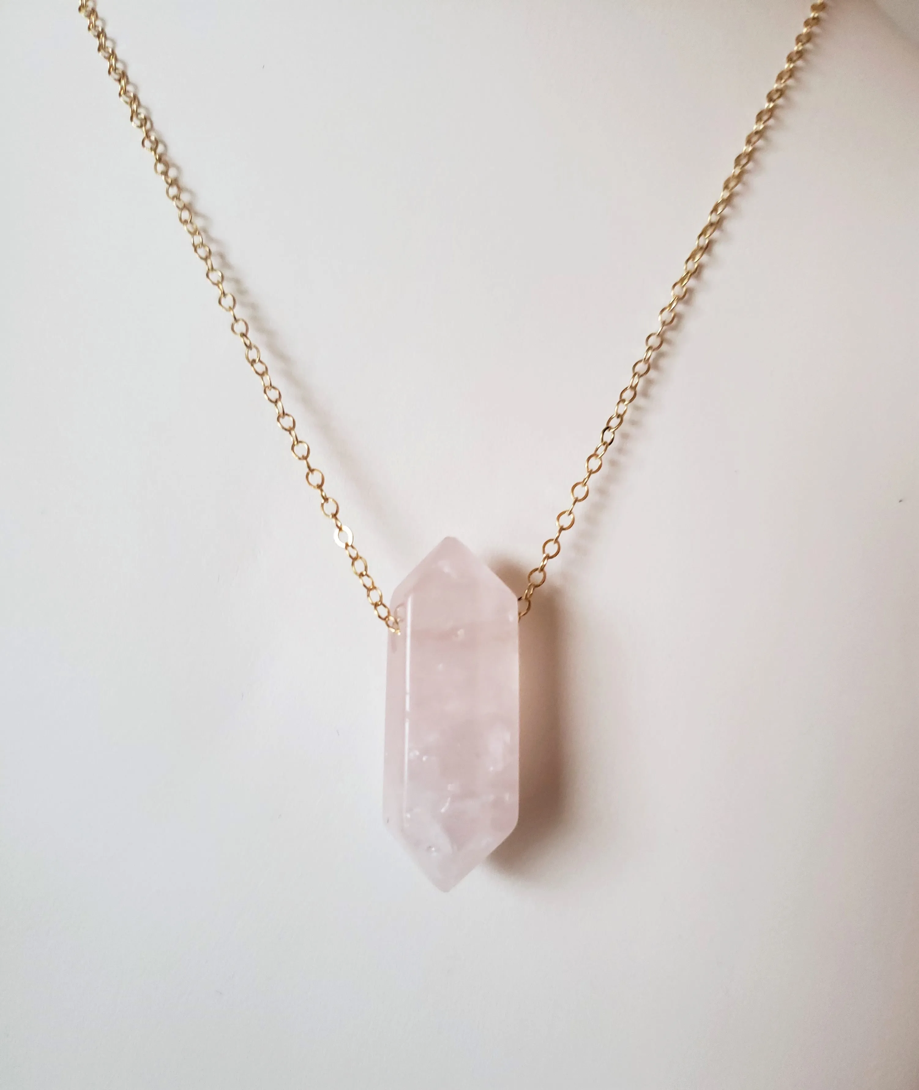 Rose Quartz Generator Gemstone Necklace on Gold-Filled Chain Attracts Love.