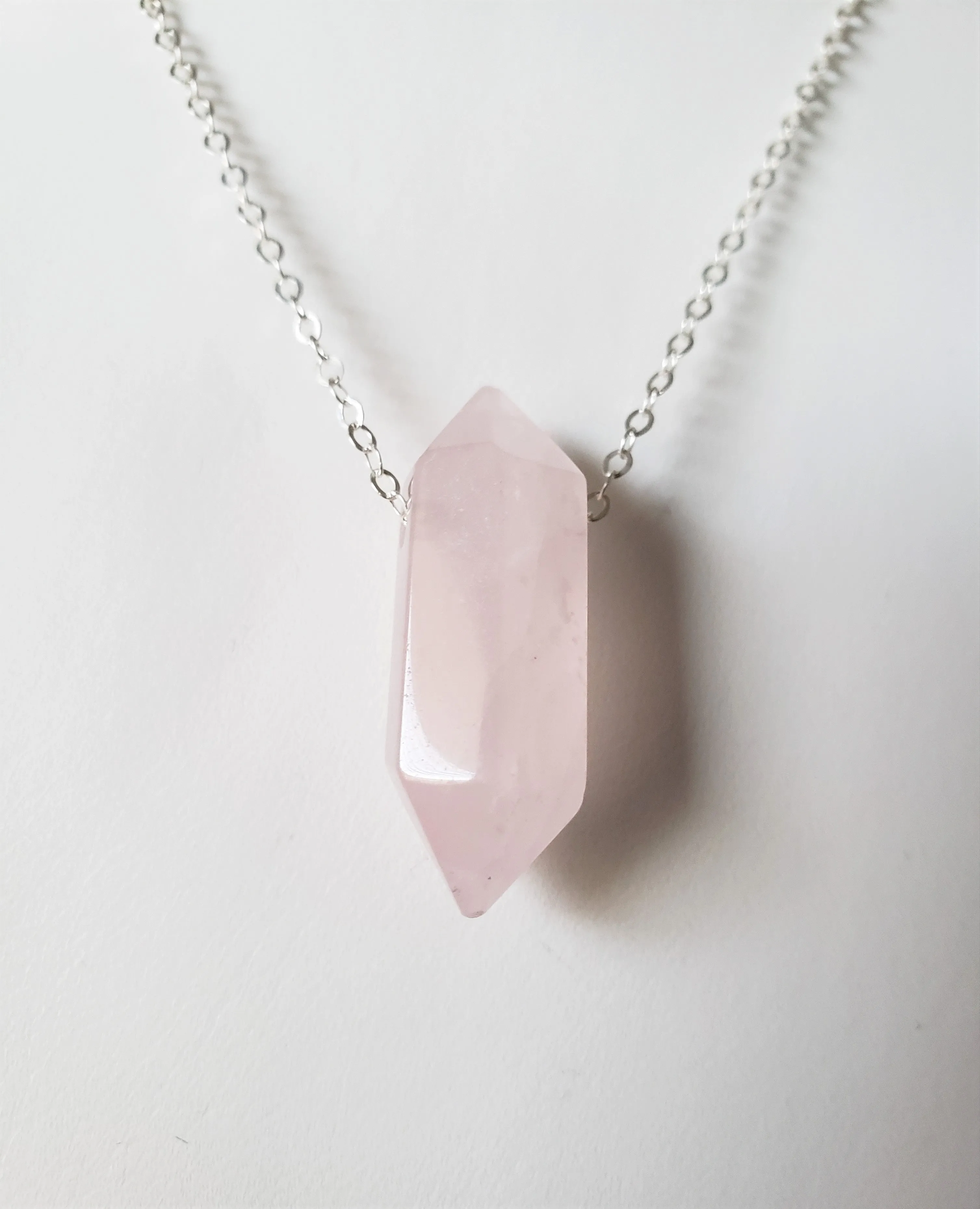 Rose Quartz Generator Point Gemstone Necklace on Sterling Silver Chain Attracts Love.