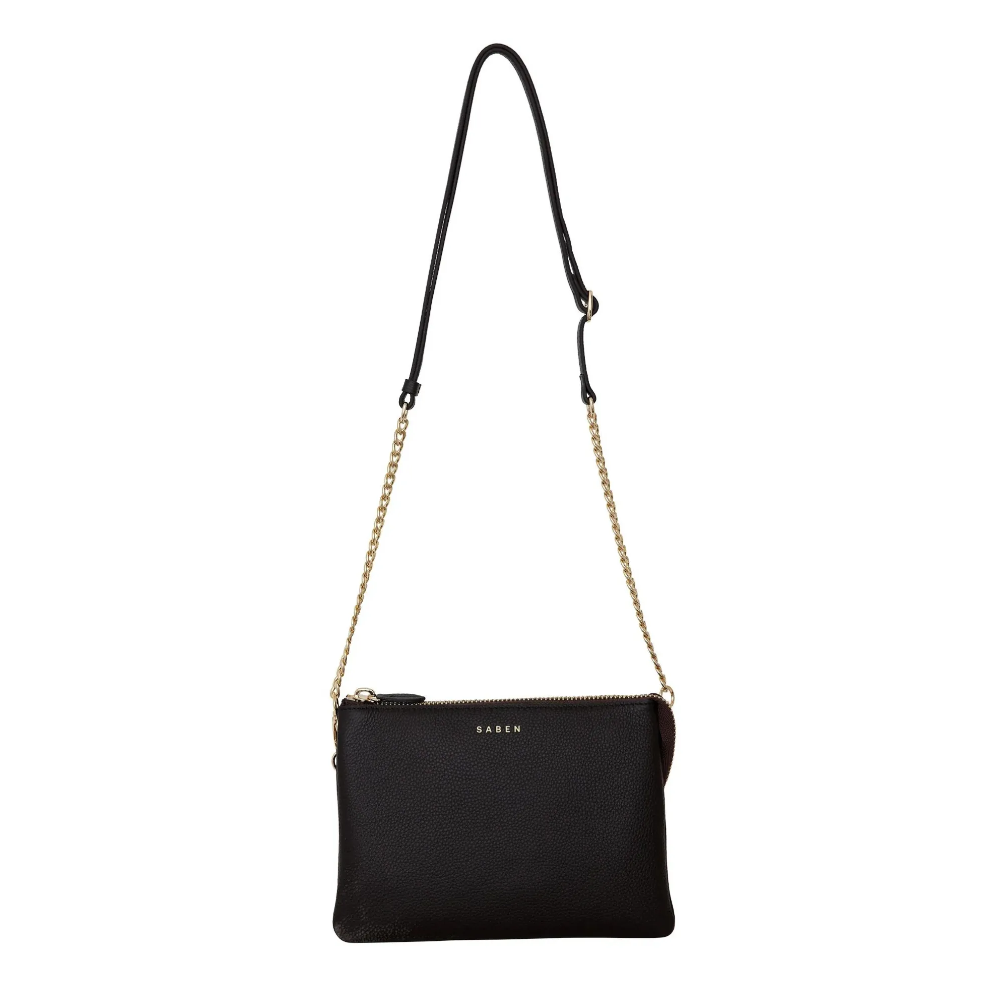 Saben - Feature Strap Chain - Gold Curb   Black Leather