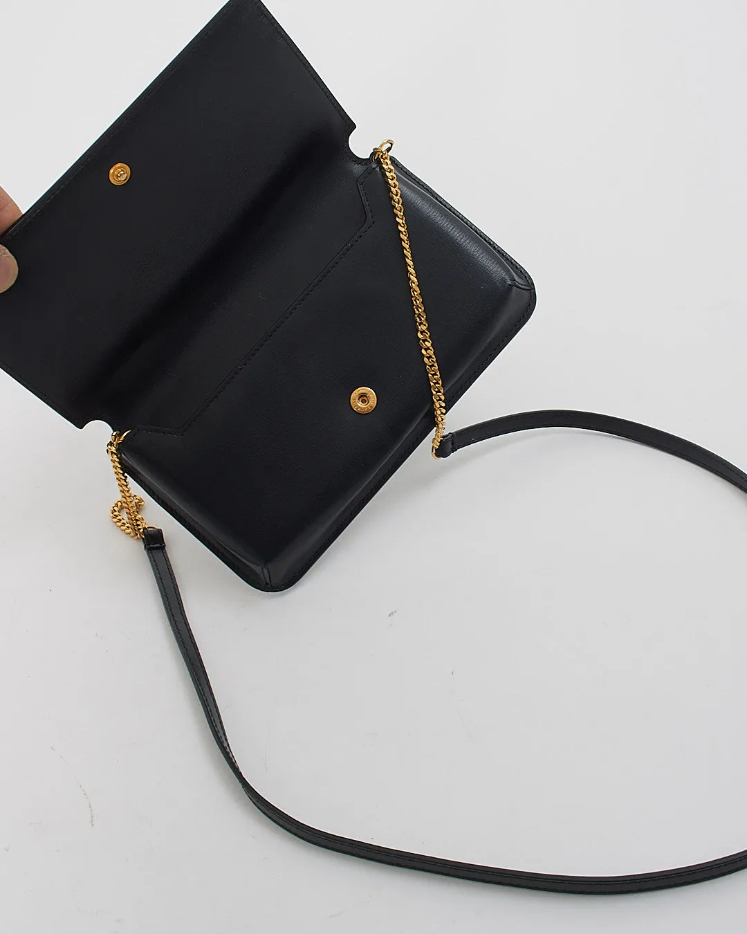Saint Laurent Black Leather Logo Cassandre Phone Holder on Chain Bag