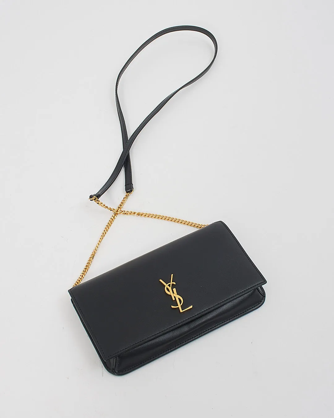 Saint Laurent Black Leather Logo Cassandre Phone Holder on Chain Bag
