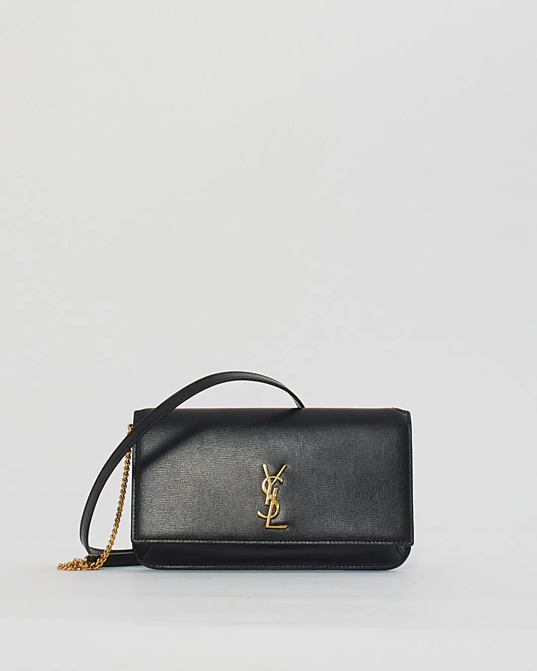 Saint Laurent Black Leather Logo Cassandre Phone Holder on Chain Bag