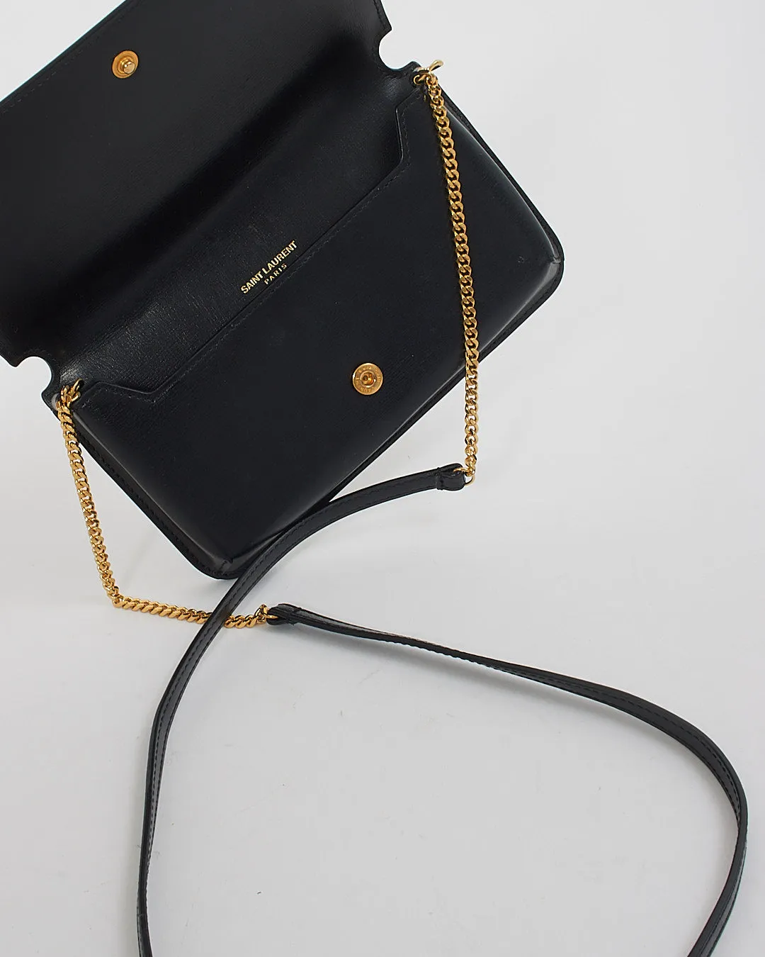 Saint Laurent Black Leather Logo Cassandre Phone Holder on Chain Bag
