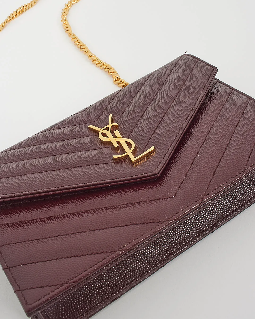 Saint Laurent Burgundy Grained Leather Cassandra Envelope Wallet on Chain