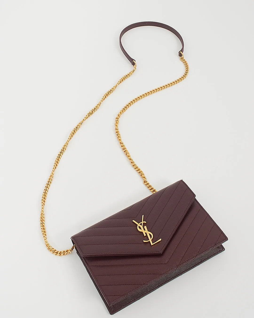 Saint Laurent Burgundy Grained Leather Cassandra Envelope Wallet on Chain