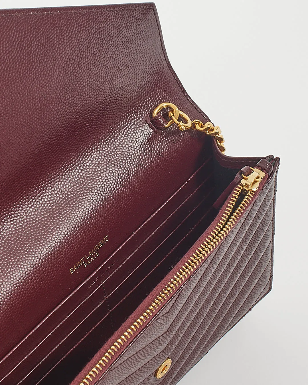 Saint Laurent Burgundy Grained Leather Cassandra Envelope Wallet on Chain