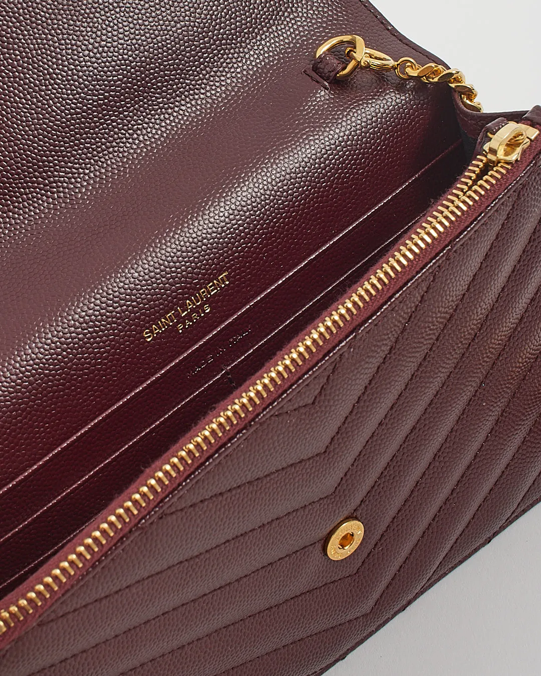 Saint Laurent Burgundy Grained Leather Cassandra Envelope Wallet on Chain