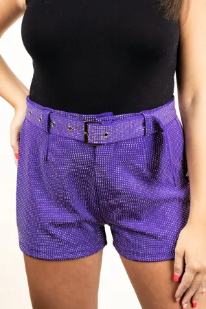 Saturday Shimmer Purple Crystal Belted Shorts