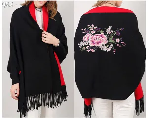 SC15 2017 Scarf Winter Faux Cashmere Poncho Women Solid Female Long Sleeves Wrap Vintage Shawl With Back Embroidered Floral
