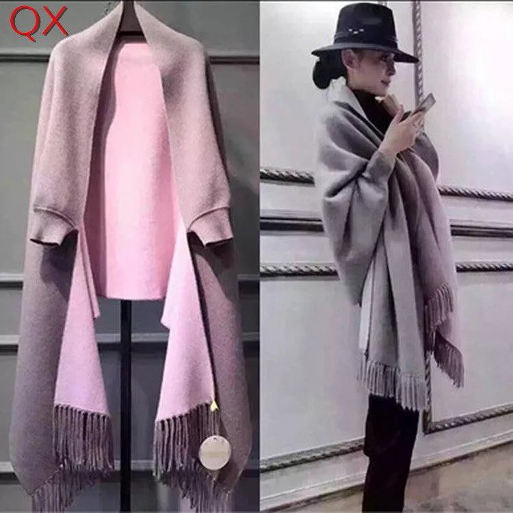 SC2 2017 Oversize Double Side Scarf Winter Faux Cashmere Poncho Women Solid Designer Female Long Sleeves Wrap Vintage Shawl