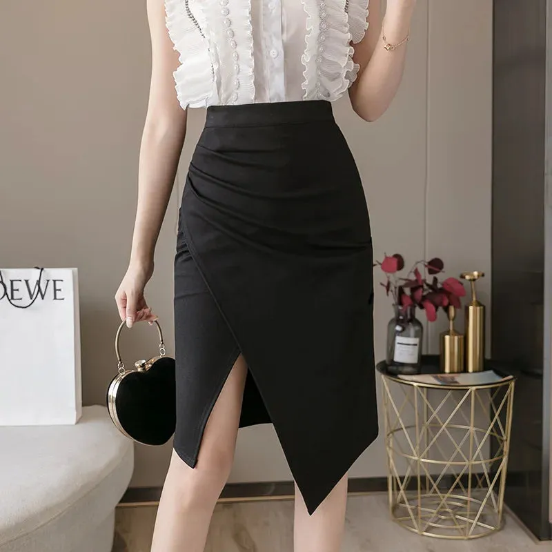 Seoulish 2024 New Black Irregular Women's Wrap Skirts Vintage High Waist Front Split Sheath Pencil Office Skirts Female