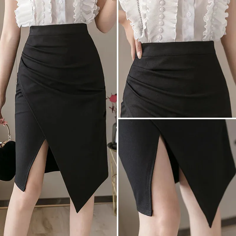 Seoulish 2024 New Black Irregular Women's Wrap Skirts Vintage High Waist Front Split Sheath Pencil Office Skirts Female