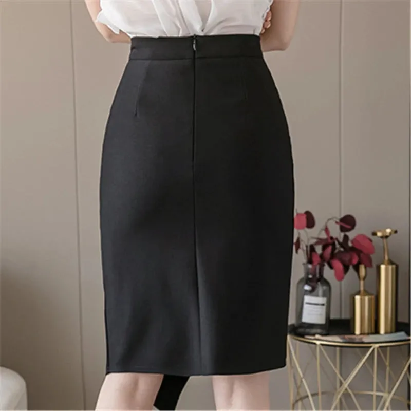 Seoulish 2024 New Black Irregular Women's Wrap Skirts Vintage High Waist Front Split Sheath Pencil Office Skirts Female