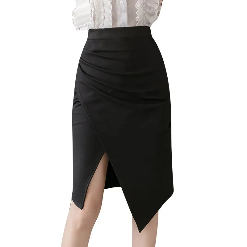 Seoulish 2024 New Black Irregular Women's Wrap Skirts Vintage High Waist Front Split Sheath Pencil Office Skirts Female