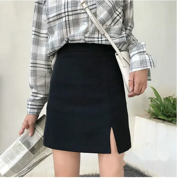 Sexy Solid Black Split Mini Skirts