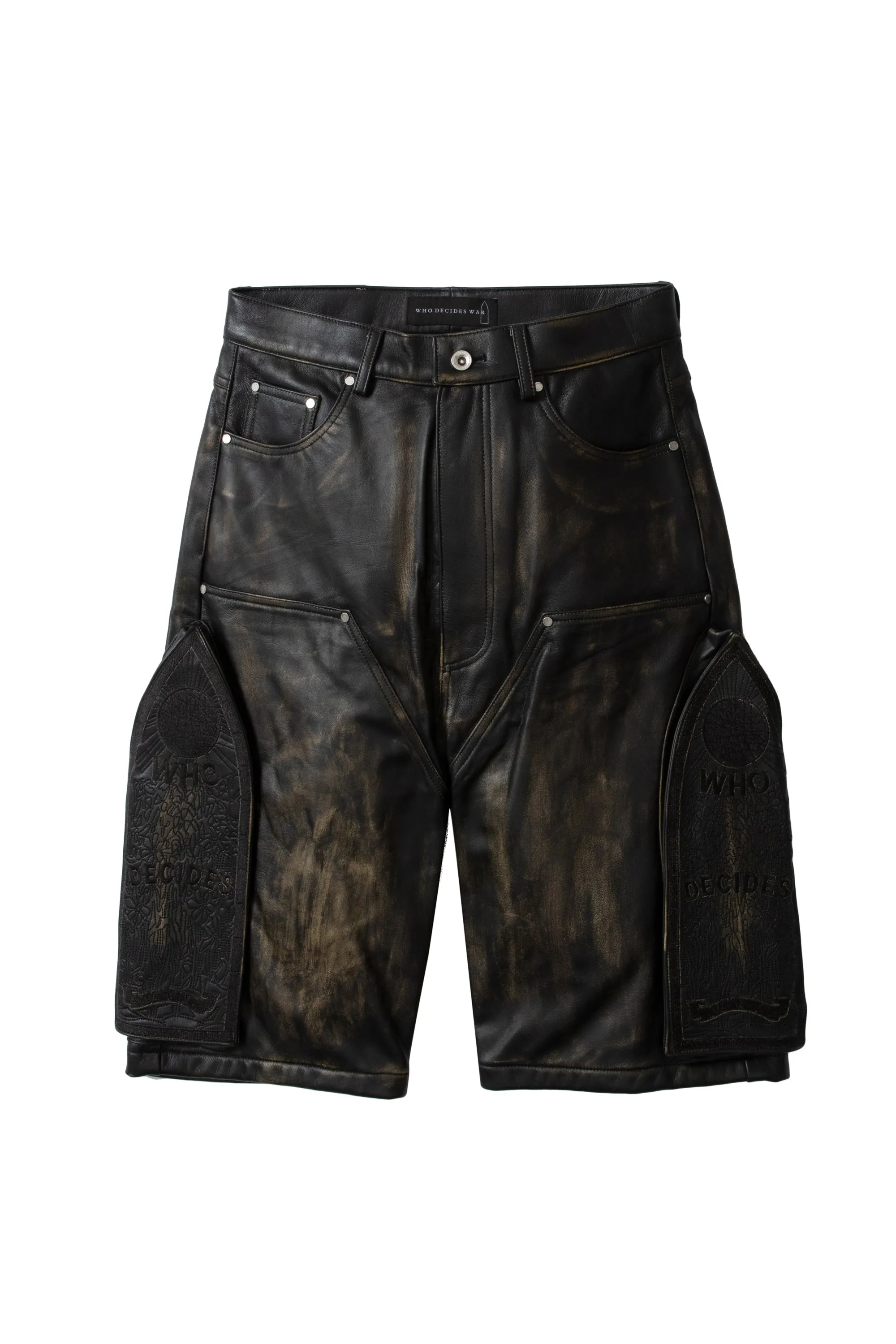SIDE EMBROIDERY MID LENGTH LEATHER SHORT