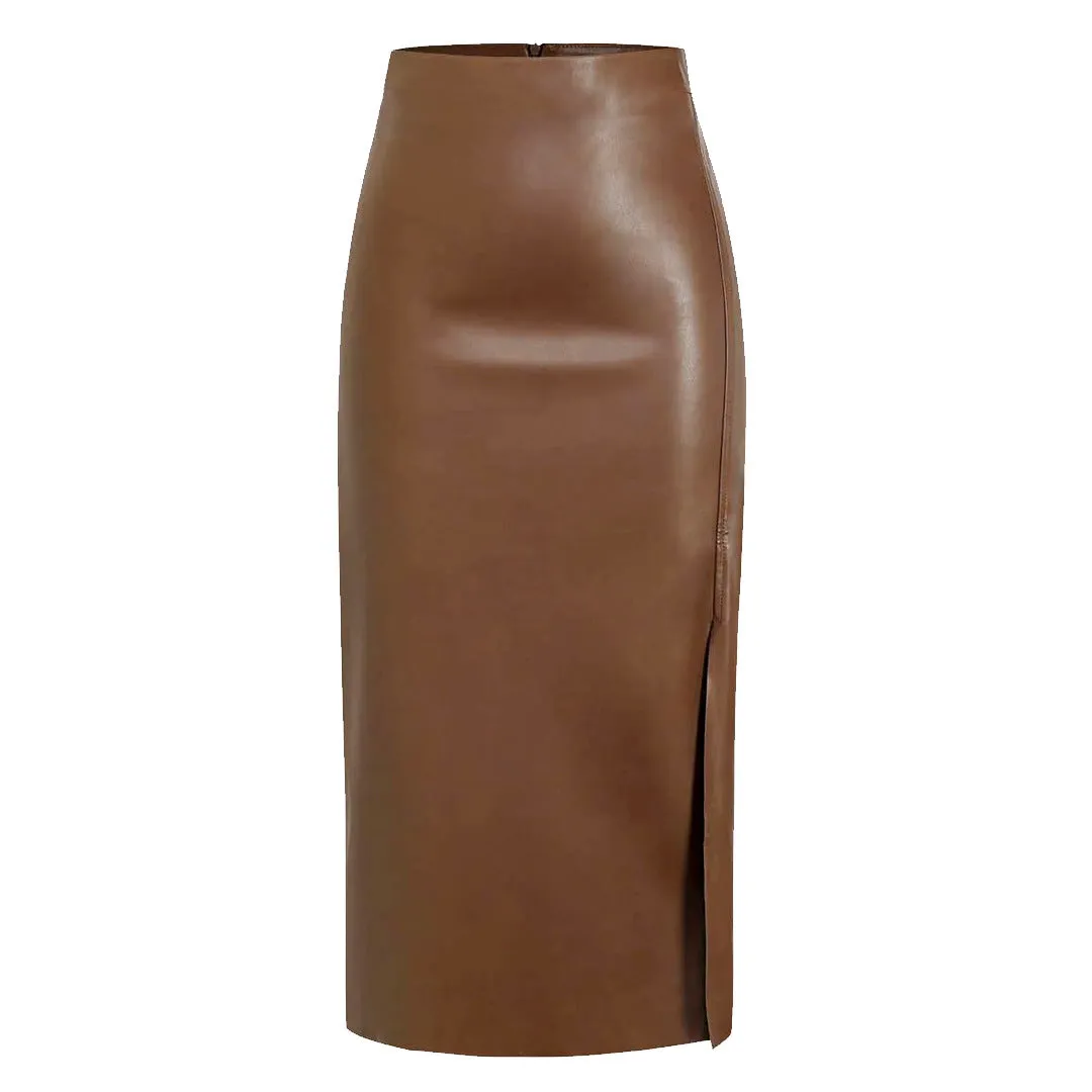 Side Slit High Waist PU Midi Skirt