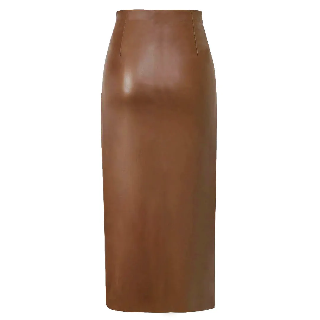 Side Slit High Waist PU Midi Skirt