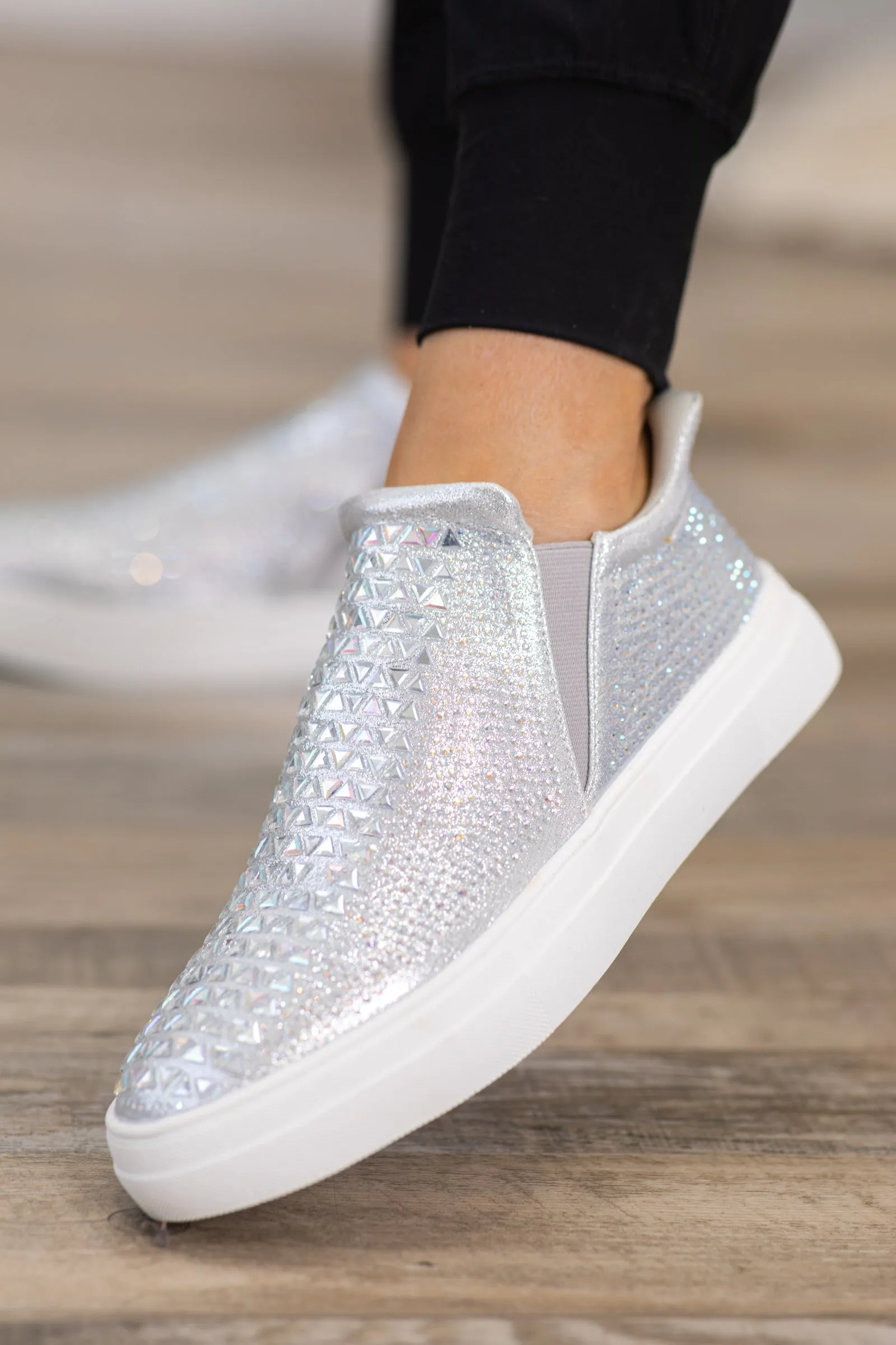 Silver Slip On Sneakers With Rhinestones