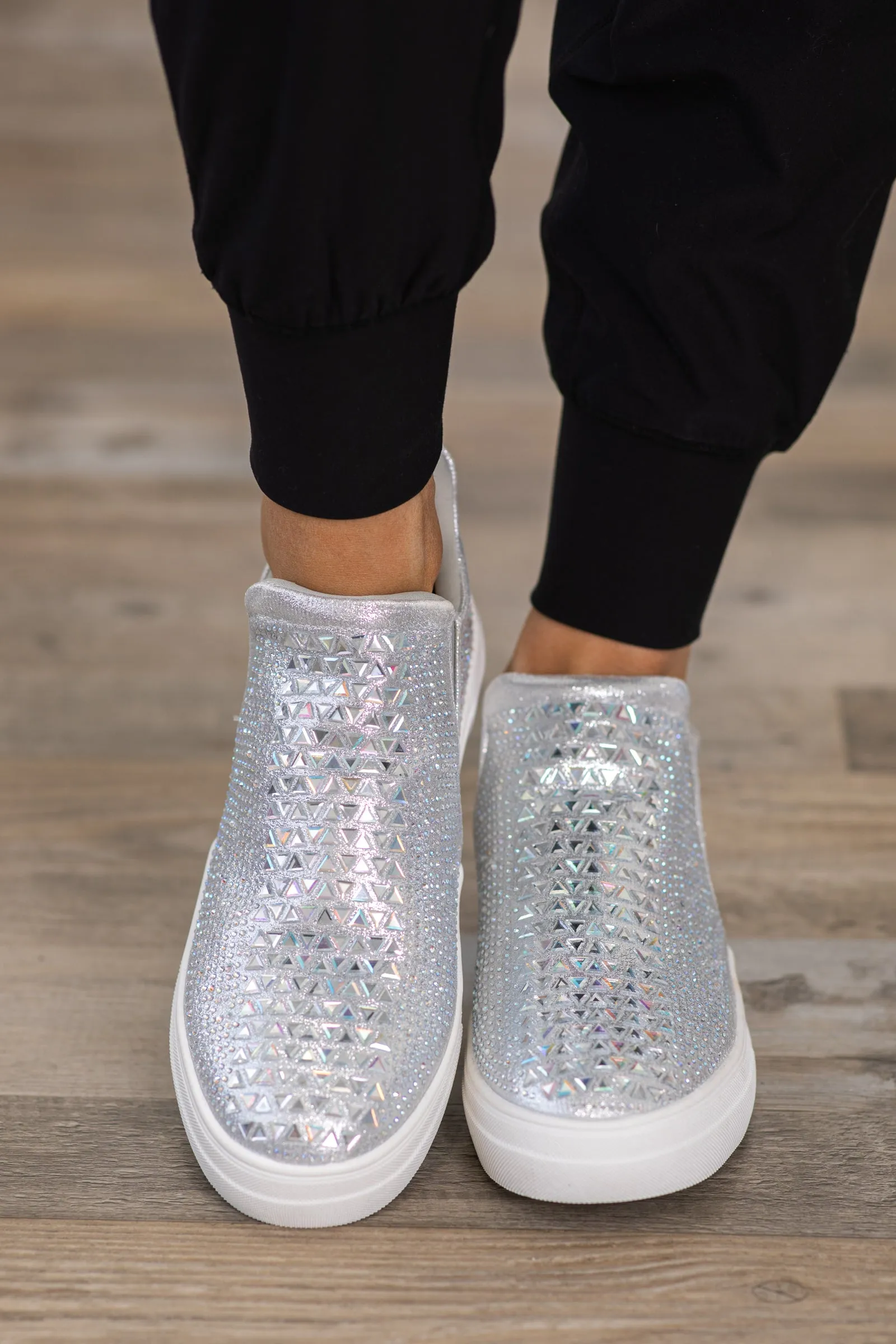Silver Slip On Sneakers With Rhinestones