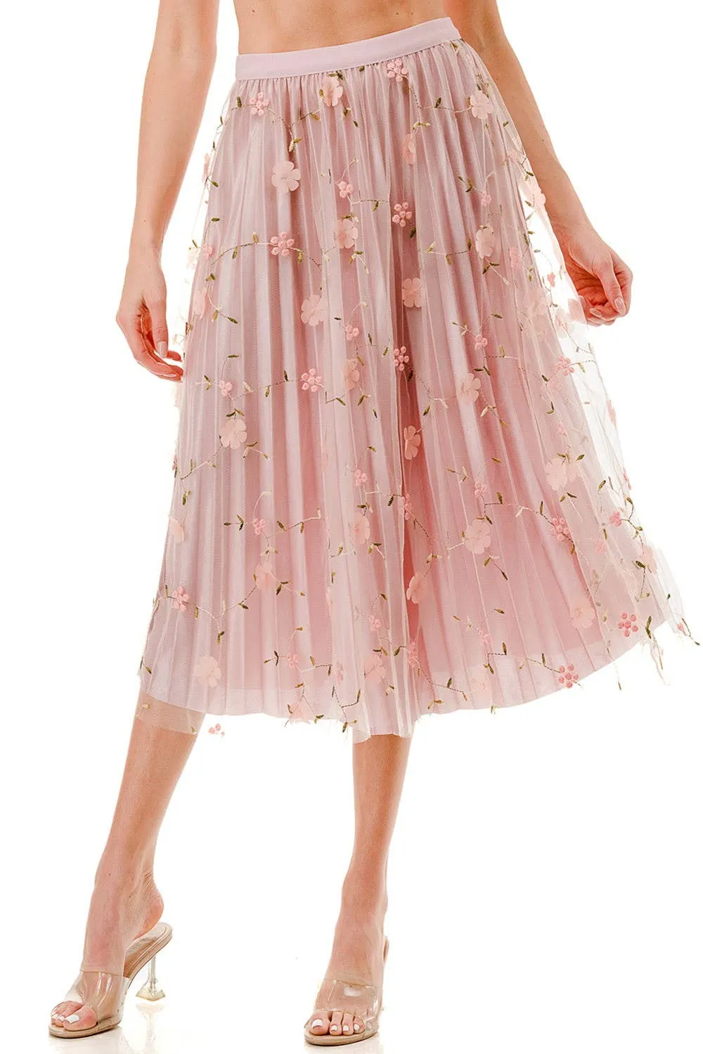 SKIRTS FLOWER PATCHED PLEATED MESH SKIRT
