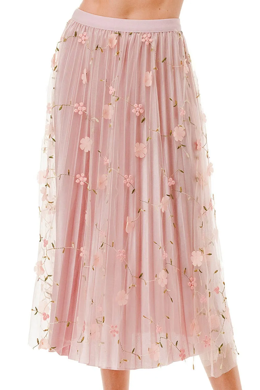 SKIRTS FLOWER PATCHED PLEATED MESH SKIRT