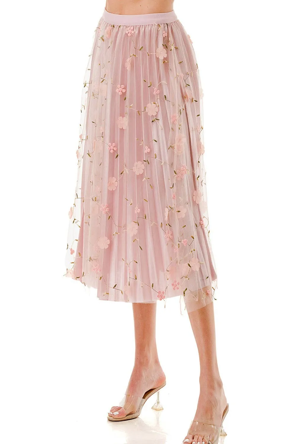 SKIRTS FLOWER PATCHED PLEATED MESH SKIRT