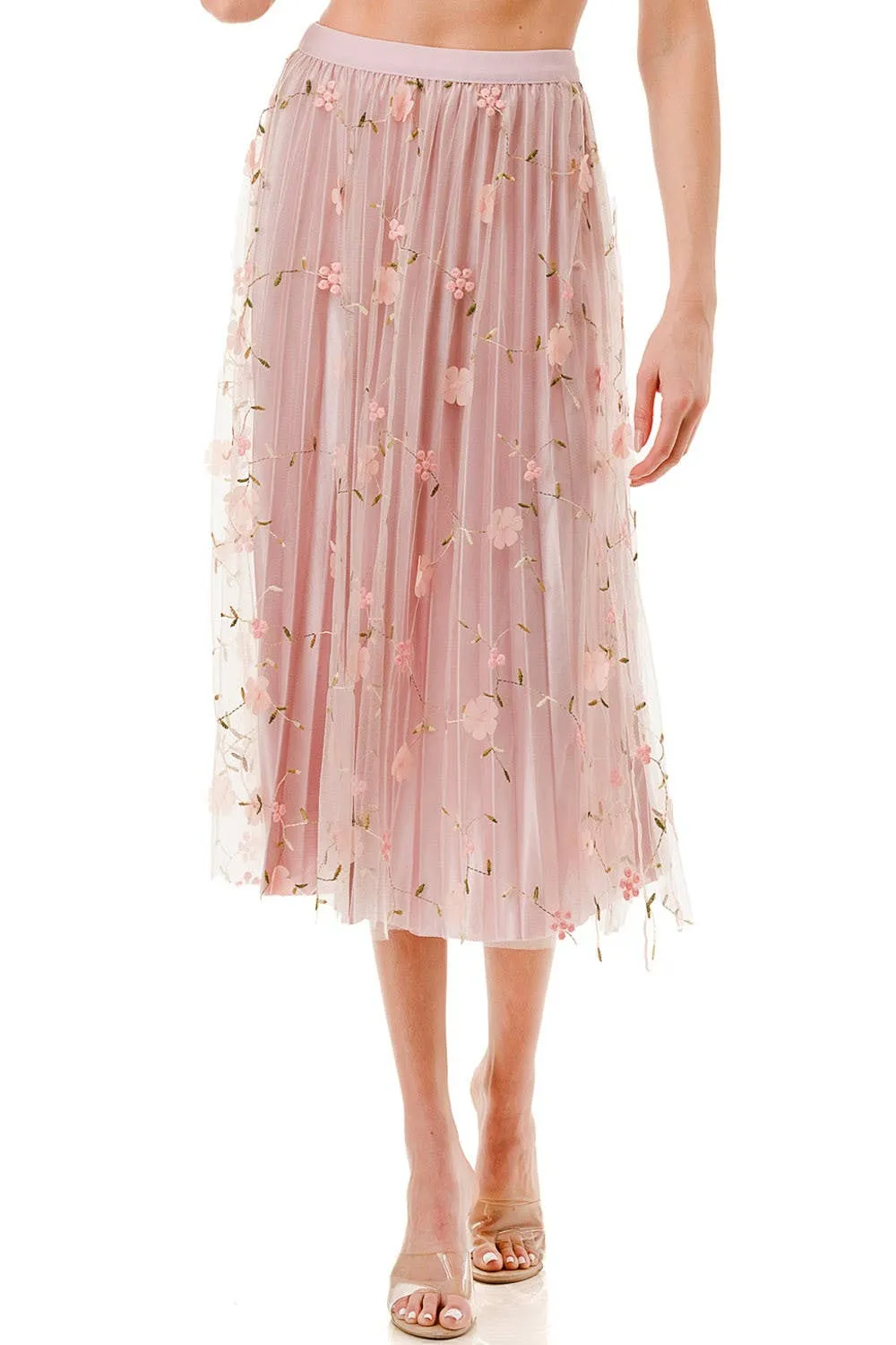 SKIRTS FLOWER PATCHED PLEATED MESH SKIRT