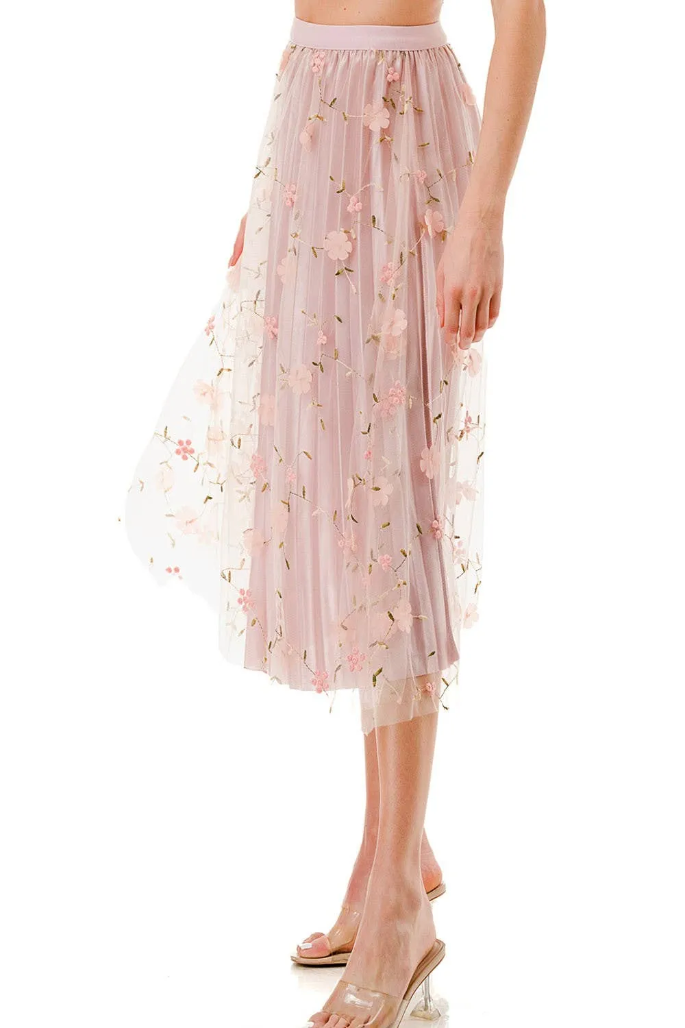 SKIRTS FLOWER PATCHED PLEATED MESH SKIRT
