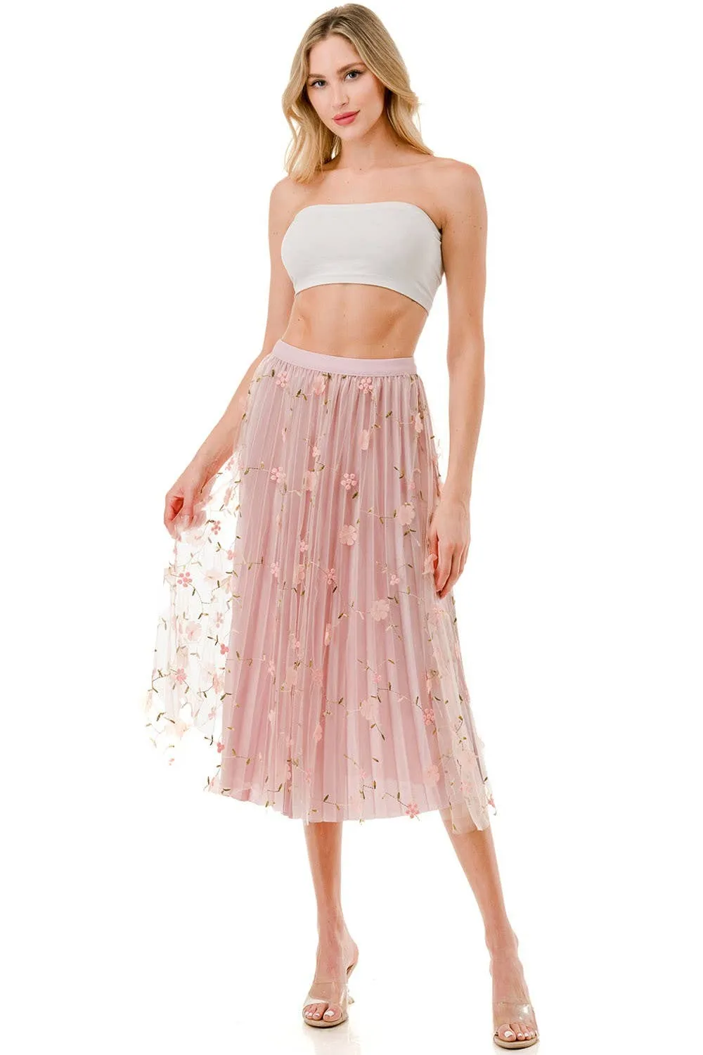 SKIRTS FLOWER PATCHED PLEATED MESH SKIRT