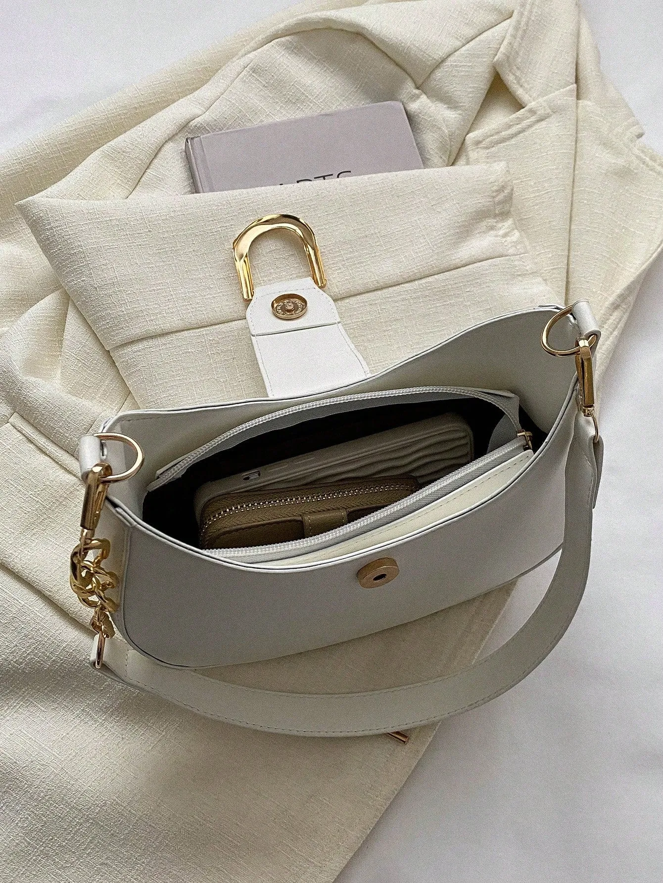 Small Metal Decor Hobo Bag - White
