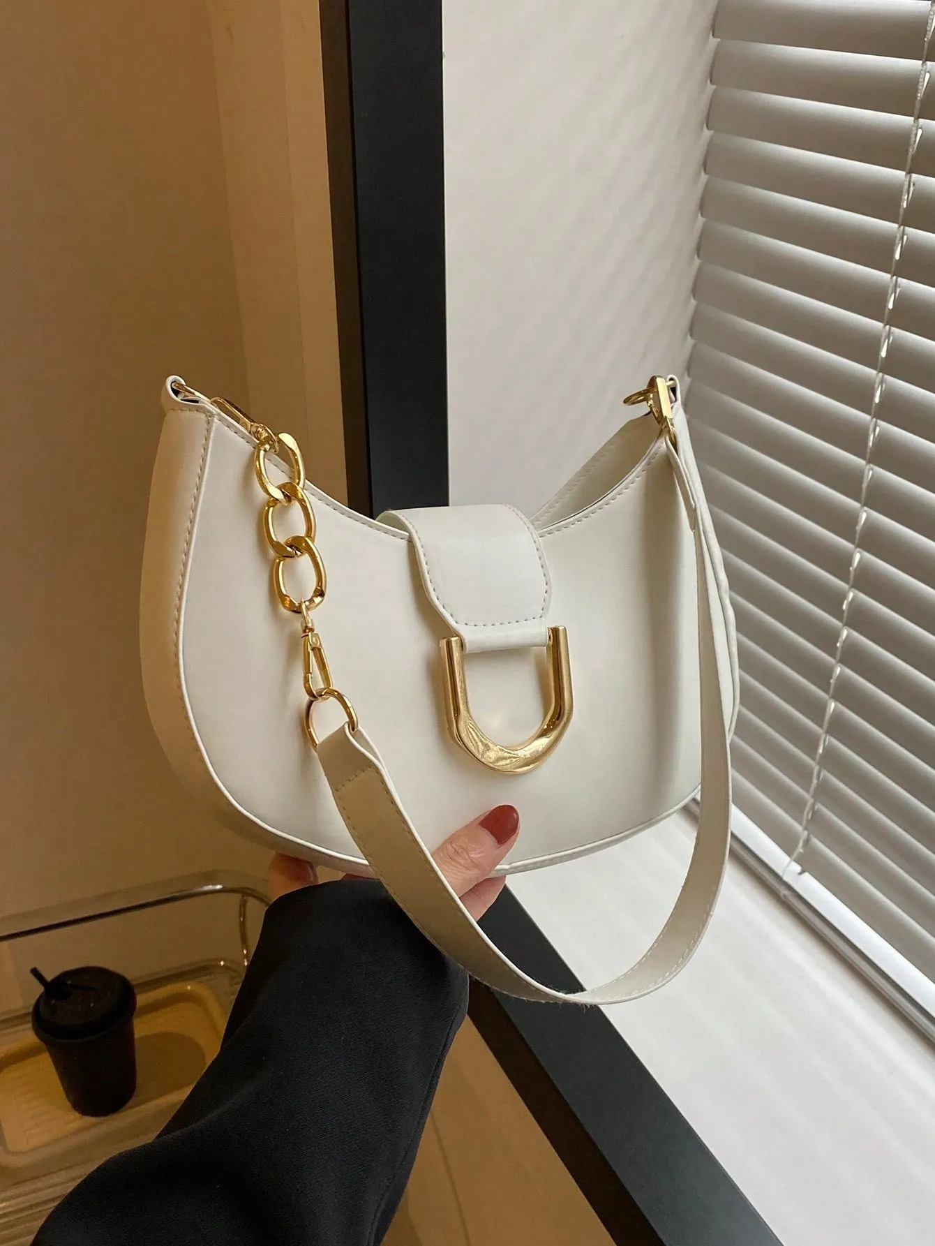 Small Metal Decor Hobo Bag - White