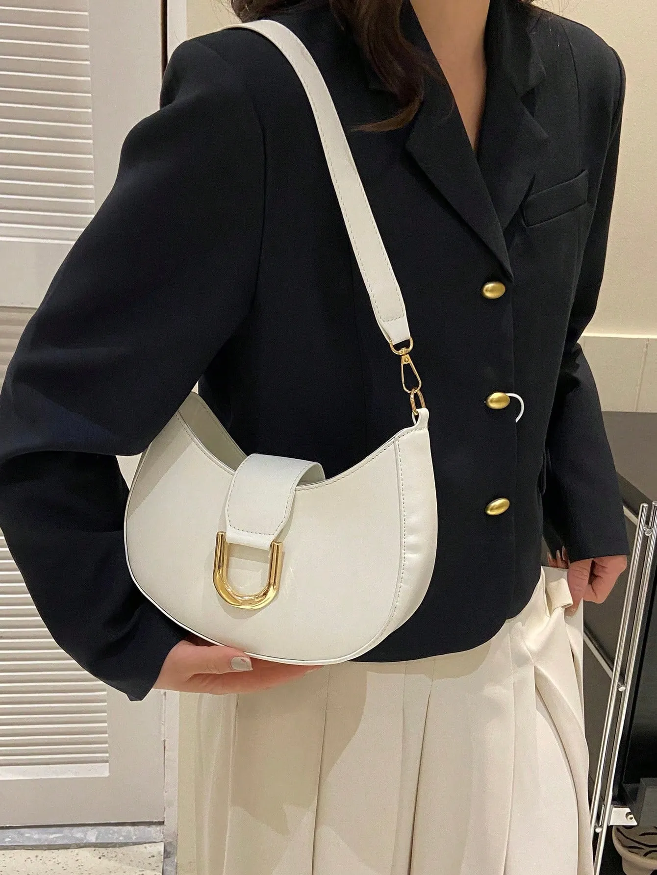 Small Metal Decor Hobo Bag - White