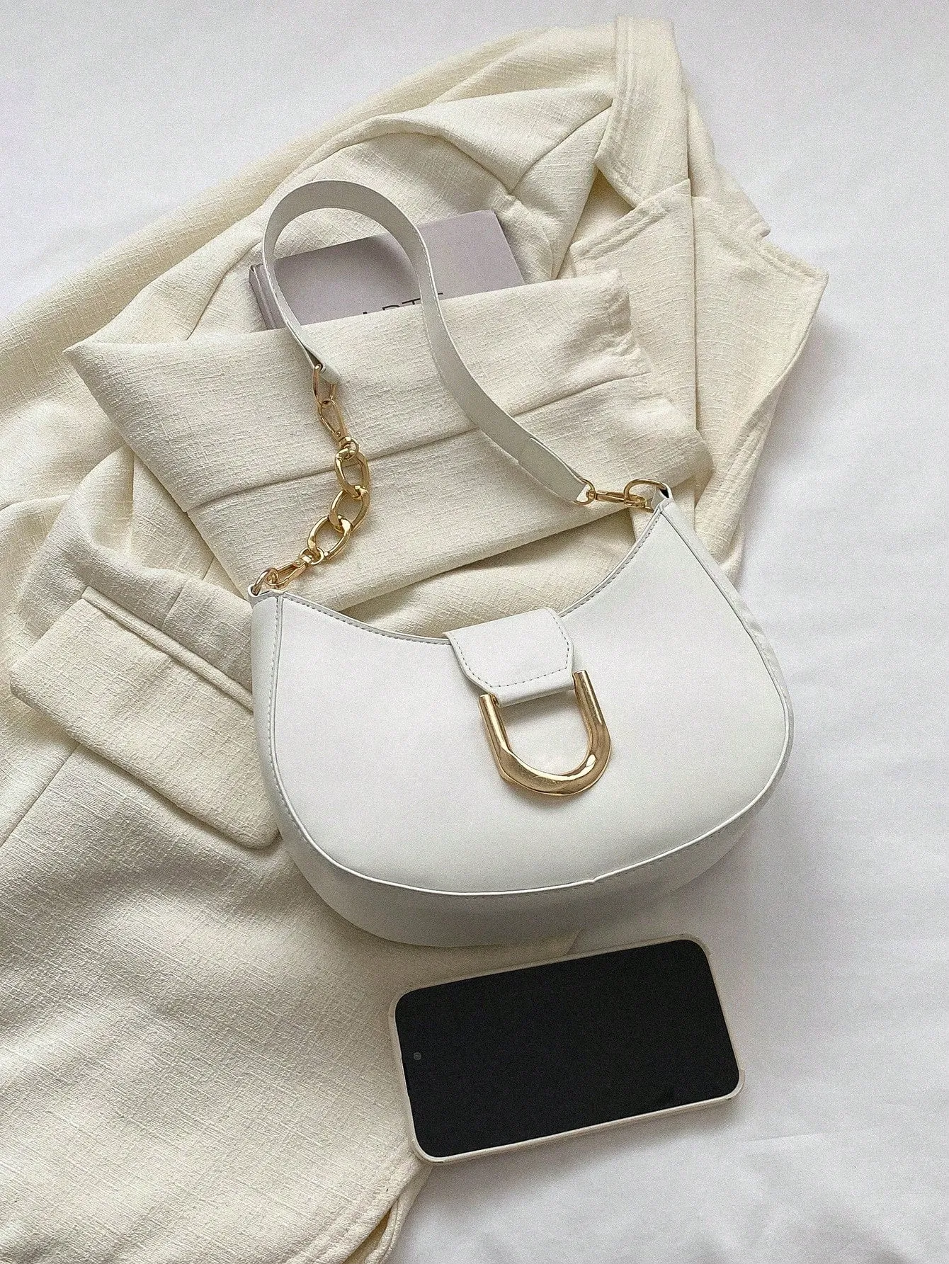 Small Metal Decor Hobo Bag - White