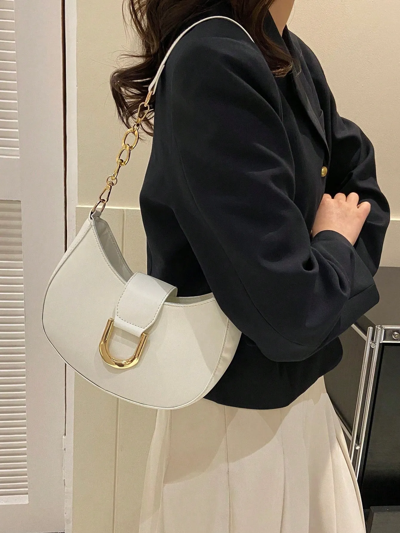 Small Metal Decor Hobo Bag - White