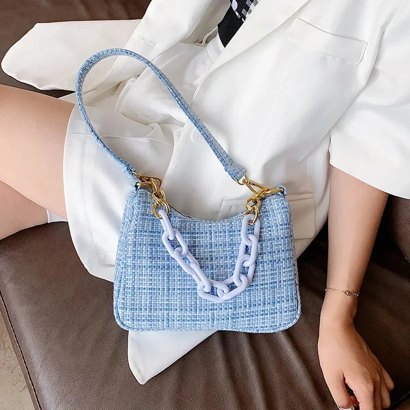 Soft Knit Shoulder Bag with Acrylic Chain and Polyester Lining
