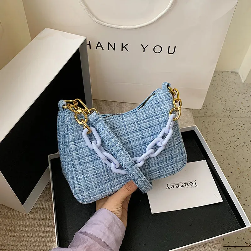 Soft Knit Shoulder Bag with Acrylic Chain and Polyester Lining