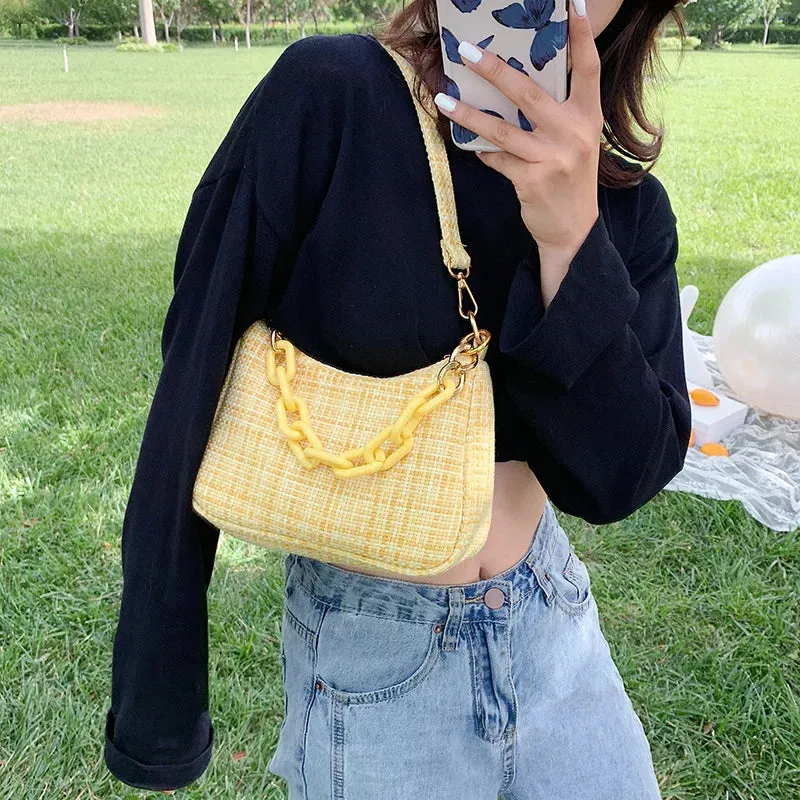 Soft Knit Shoulder Bag with Acrylic Chain and Polyester Lining