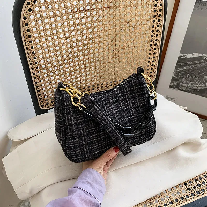 Soft Knit Shoulder Bag with Acrylic Chain and Polyester Lining