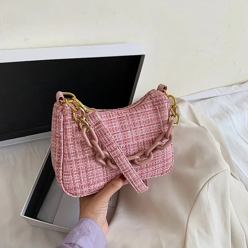 Soft Knit Shoulder Bag with Acrylic Chain and Polyester Lining