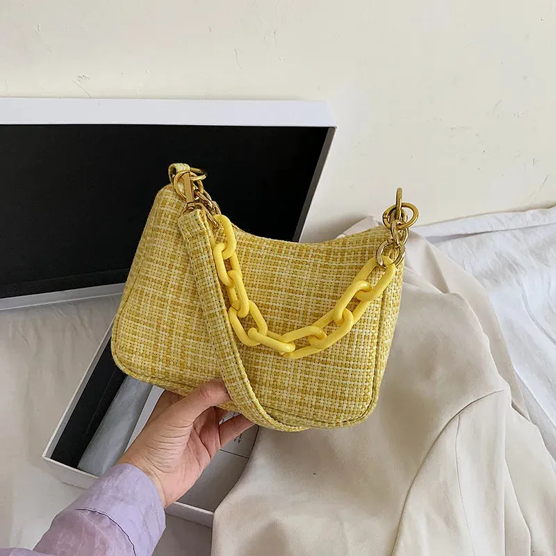 Soft Knit Shoulder Bag with Acrylic Chain and Polyester Lining