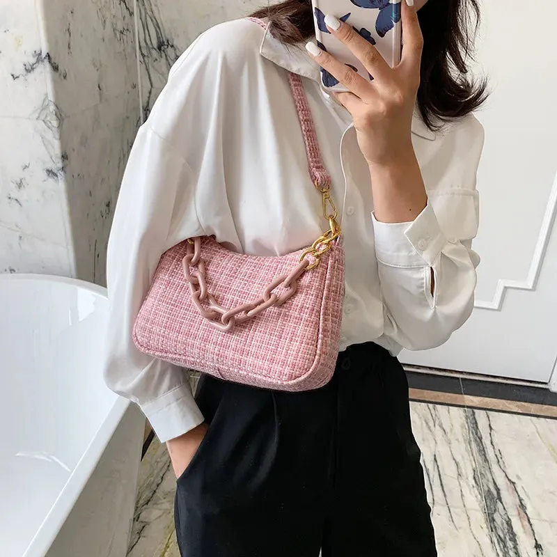 Soft Knit Shoulder Bag with Acrylic Chain and Polyester Lining