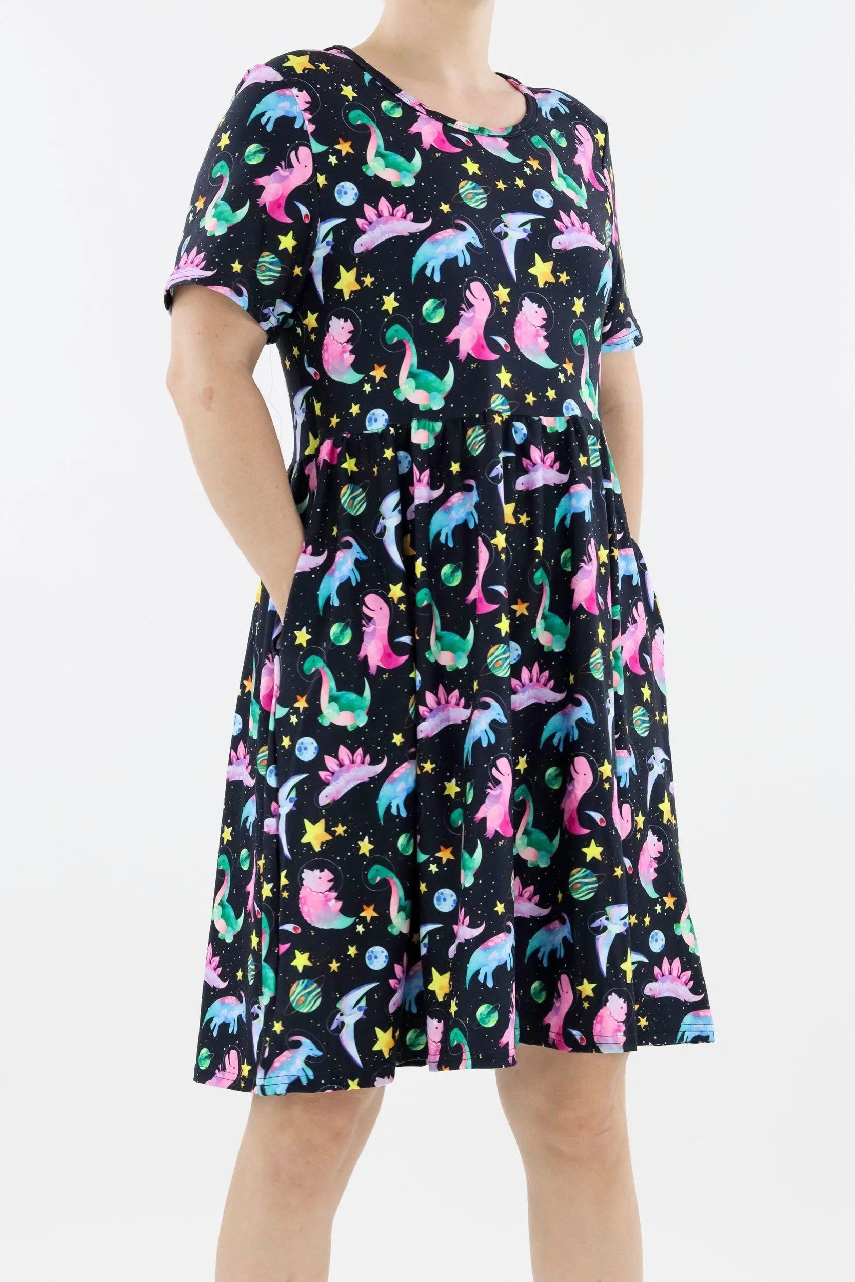 Space Dinosaurs - Short Sleeve Skater Dress - Knee Length - Side Pockets