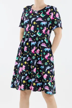Space Dinosaurs - Short Sleeve Skater Dress - Knee Length - Side Pockets