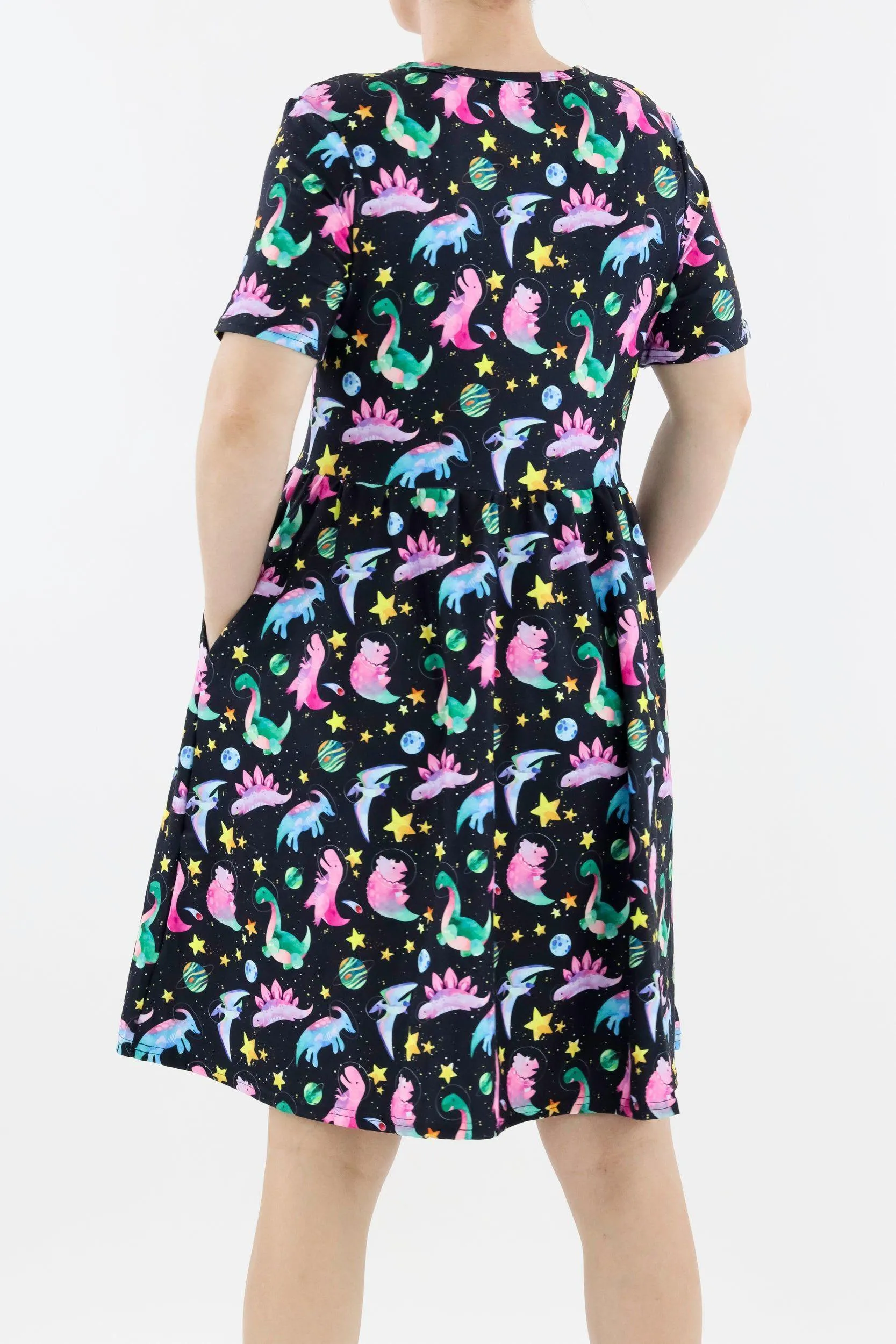 Space Dinosaurs - Short Sleeve Skater Dress - Knee Length - Side Pockets